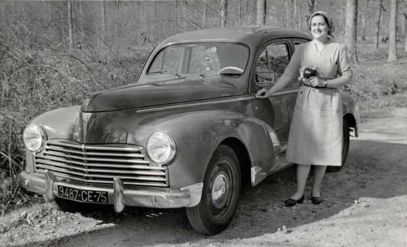 Peugeot 203, forest, Paris, France, April 16, 1954
