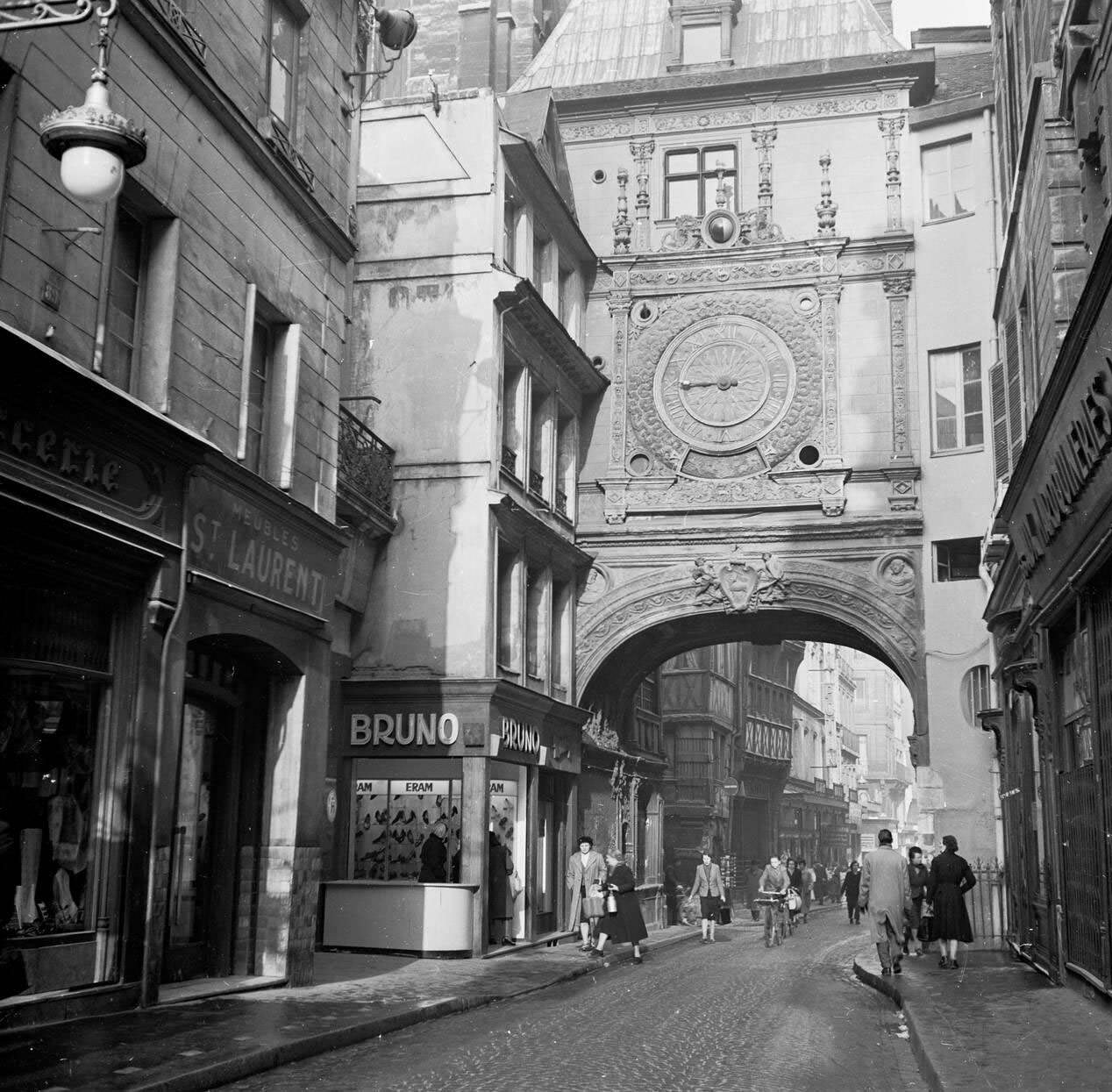 The Great Clock above a Street Archway in Rouen, France, 1950s