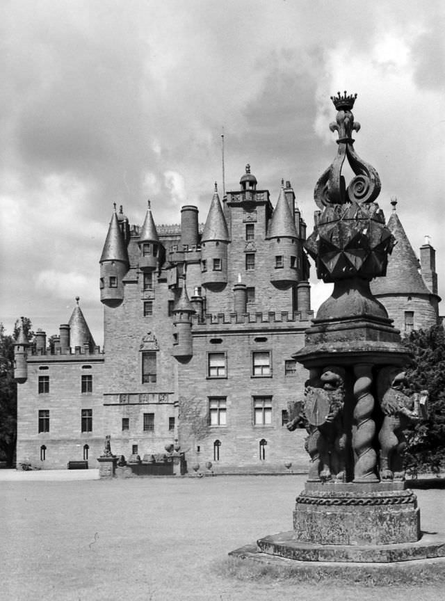 Glamis Castle, first built in the 11th century, where Macbeth supposedly murdered Duncan, at the time of this photo housed the 23rd Baron Glamis.