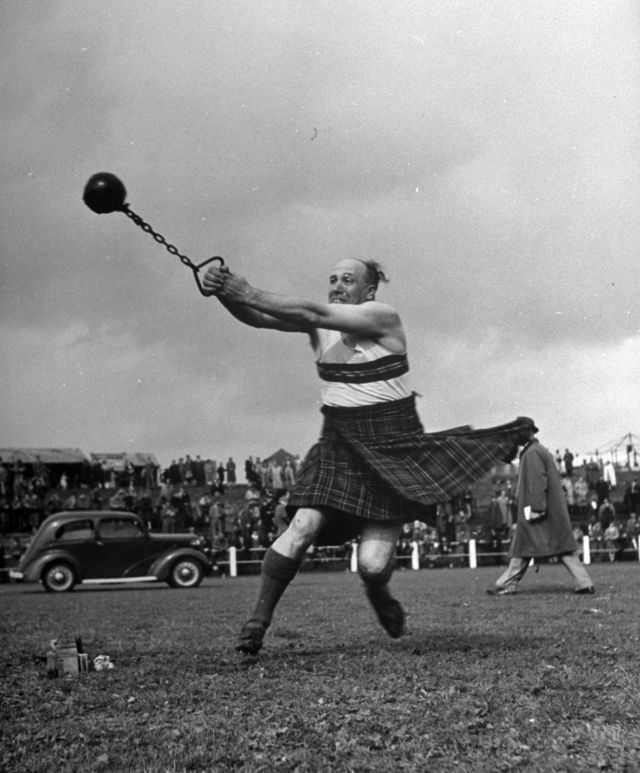 A man threw an eight pound weight, Scotland, 1947.
