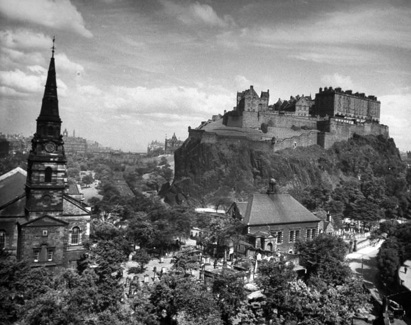 Ancient Castle Rock and its fortifications (upper right) have looked down on Edinburgh for centuries.