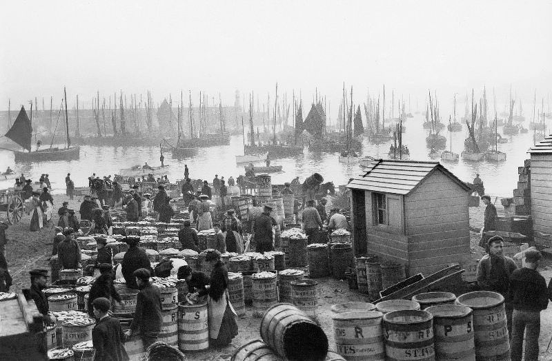 A view of the boat-filled harbour and foresand showing the bustling activity connected with the fishing industry, St. Ives, Cornwall