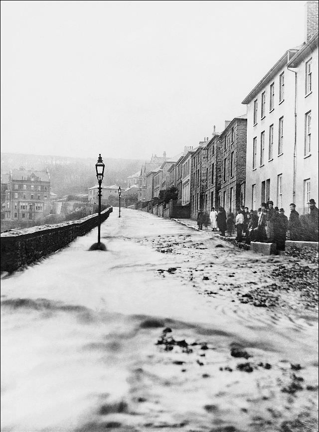 The great flood of 1894. A view looking south east up 'The Terrace', St. Ives, Cornwall