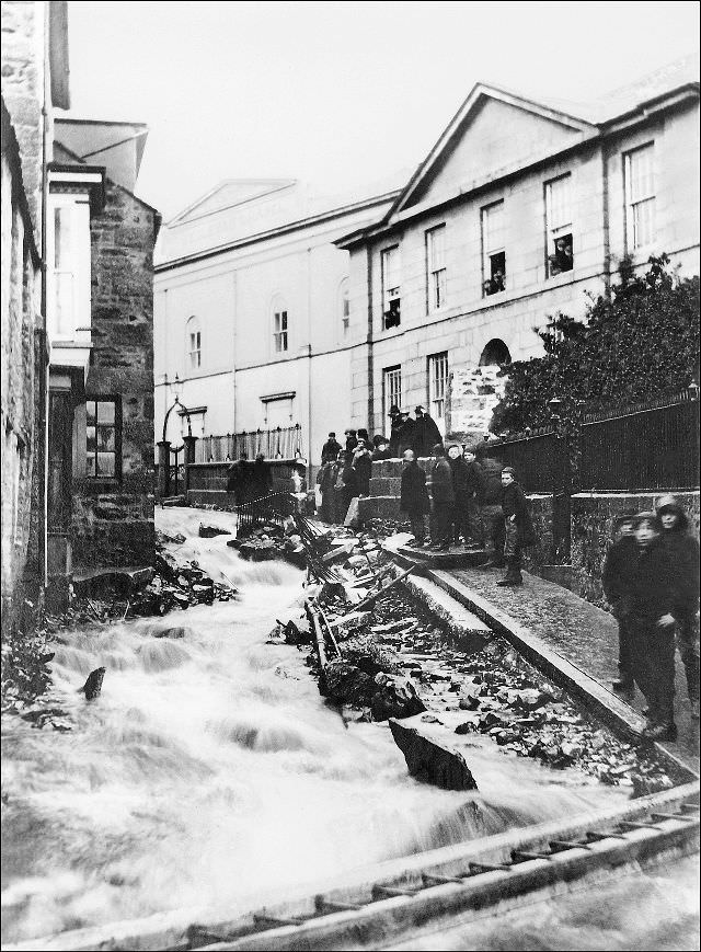 The great flood of November 1894. Taken from the Royal Square looking west up the Stennack, St. Ives, Cornwall