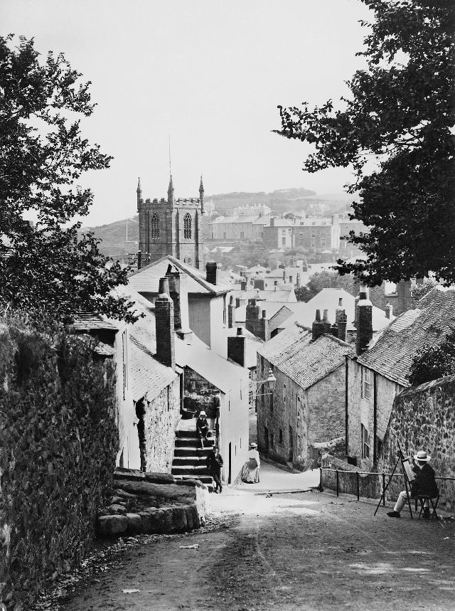 A view looking down Barnoon Hill toward the town. The entrance to Ayr Lane can be seen on the right, St. Ives, Cornwall