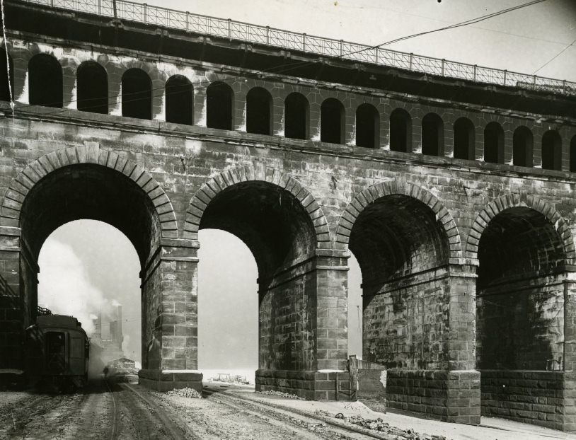 Pier of the Eads Bridge on the shore side of the Mississippi River, 1920s