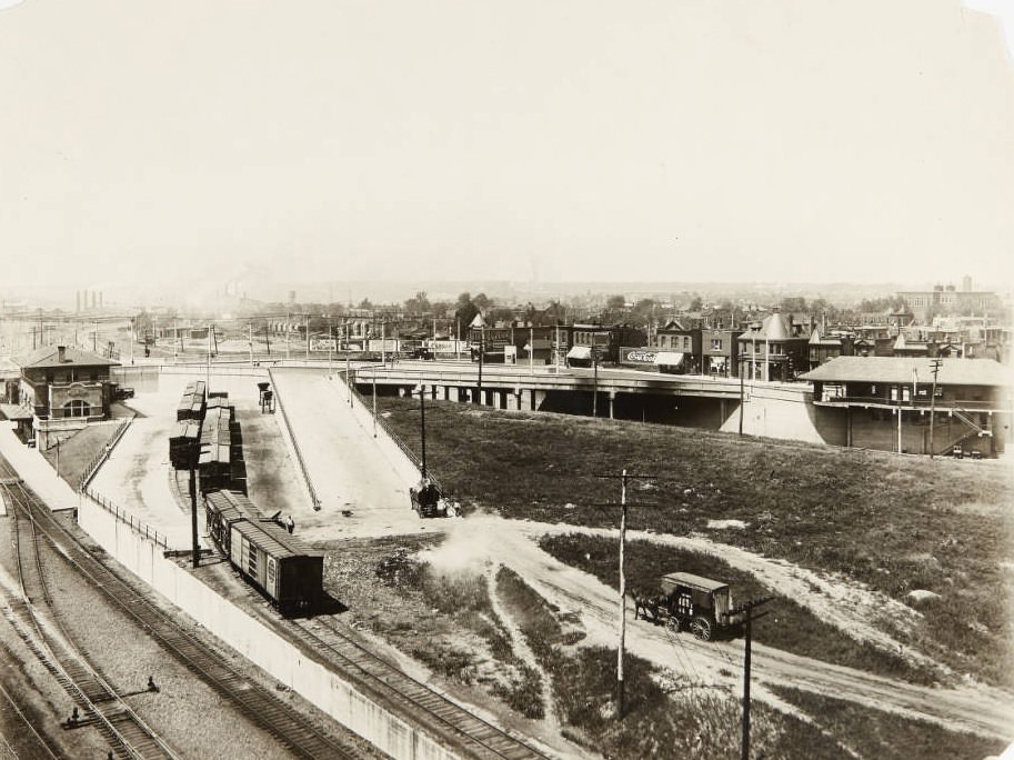 Tower Grove viaduct bridge in Midtown in 1920. Horses pull work carts in the center of the photo.