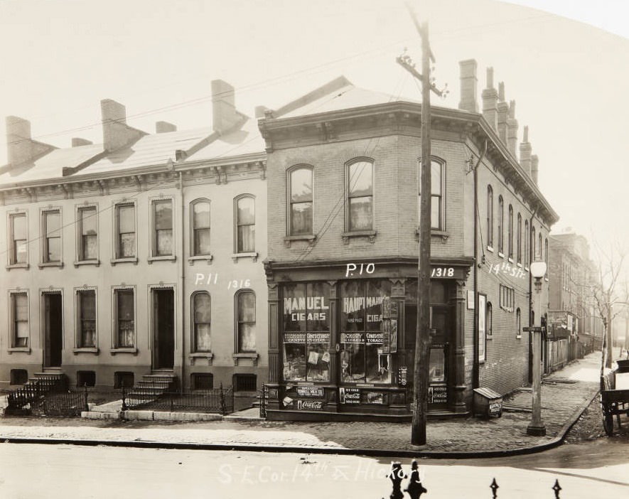 Buildings on the southeast corner of 14th and Hickory streets in 1920, featuring the Hickory Confectionary at 1318 Hickory.