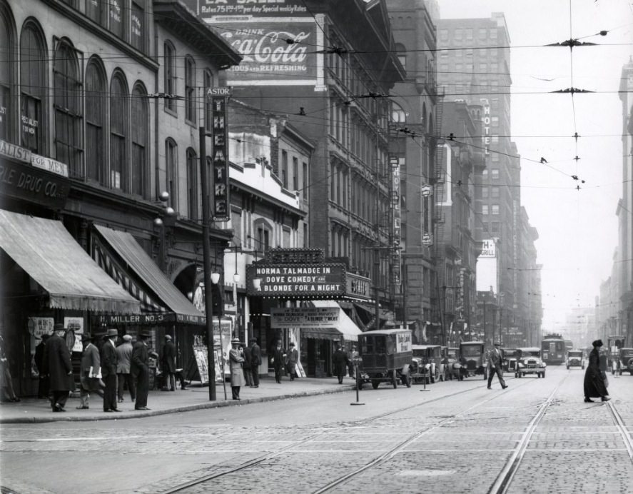 Broadway looking north from Market Street, with the Astor Theater, Senate Theater, and Liberty Central Trust Co. visible on the west side of the street, 1920s