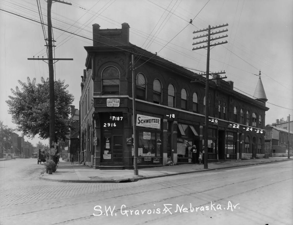 Two-story commercial and residential building on the 2900 block of Gravois at Nebraska, including a saloon and American Lace Curtain Cleaning Company, 1925