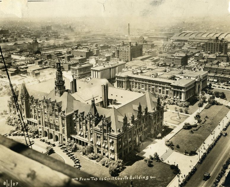 City Hall in 1927, as seen from the top of Civil Courts Building. The towers are now torn down, 1927