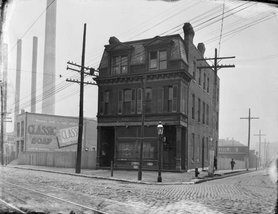 Northeast corner view of South Vandeventer Ave. & Papin Street, with Swift & Company soap located at 824 S. Vandeventer, 1925