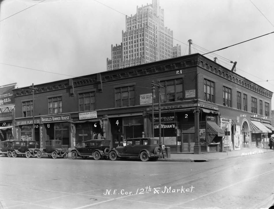 View of a two-story brick commercial building on the northeast corner of Twelfth Blvd. and Market Street, 1925