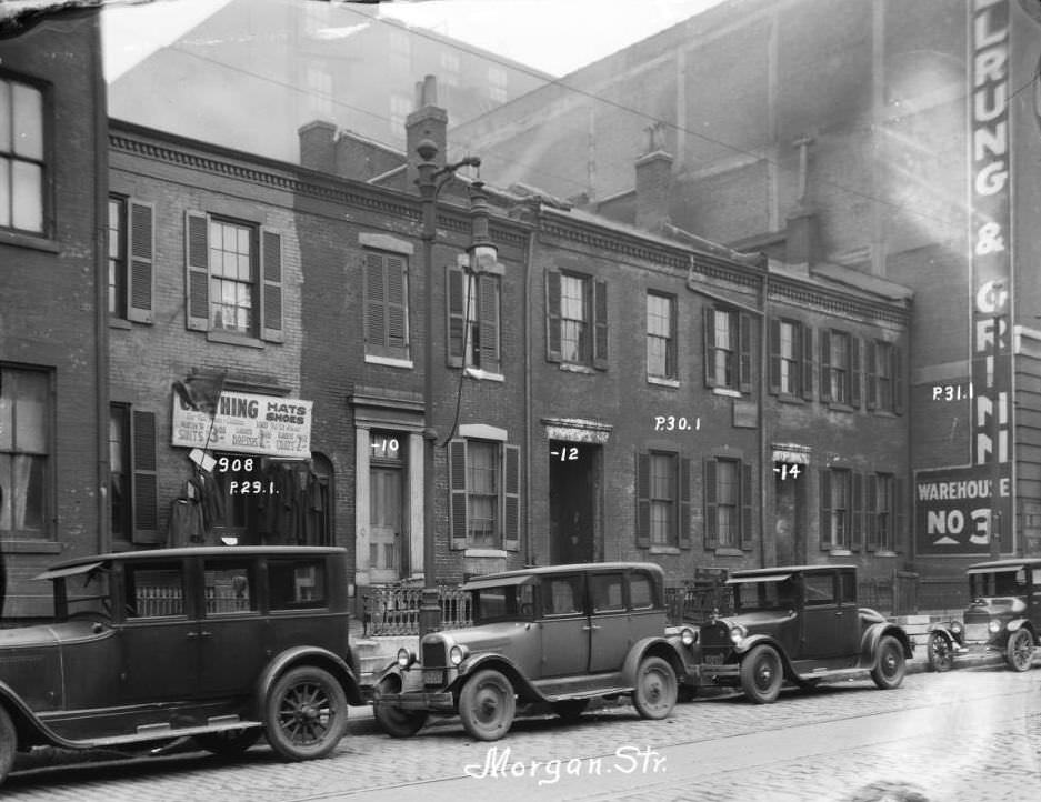 View of the 900 block of Morgan St. with Hellrung and Grimm warehouse visible, 1925