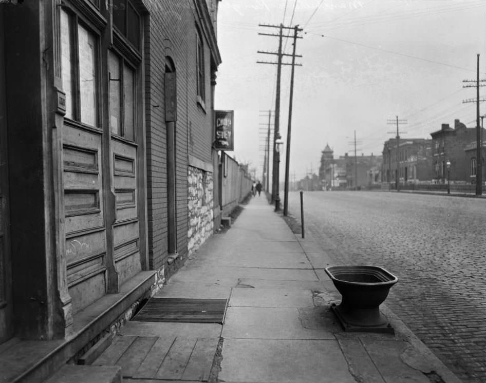 East view down Manchester Ave. from the intersection with Kingshighway Blvd., with a sign reading "Chop Suey" on a dwelling in foreground and a lodge hall with a pointed tower at 4512-4514 Manchester Ave. in center distance, 1925