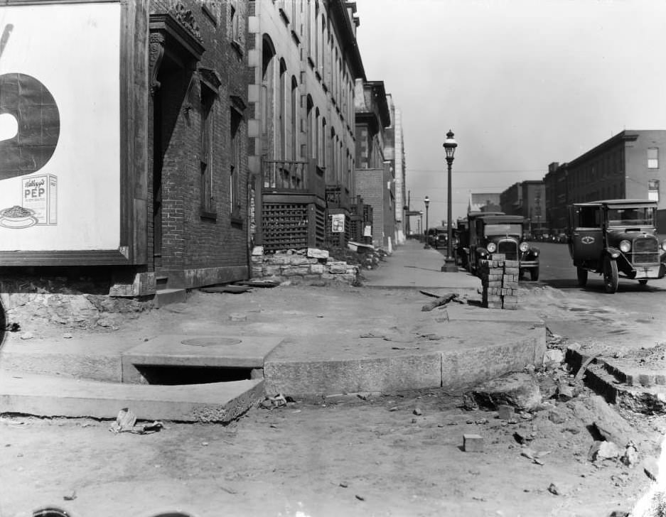 View of the NE corner of Washington Ave. and Cardinal St., with Fr. Dunne’s Newsboys Home and Central Baptist Church visible, 1925