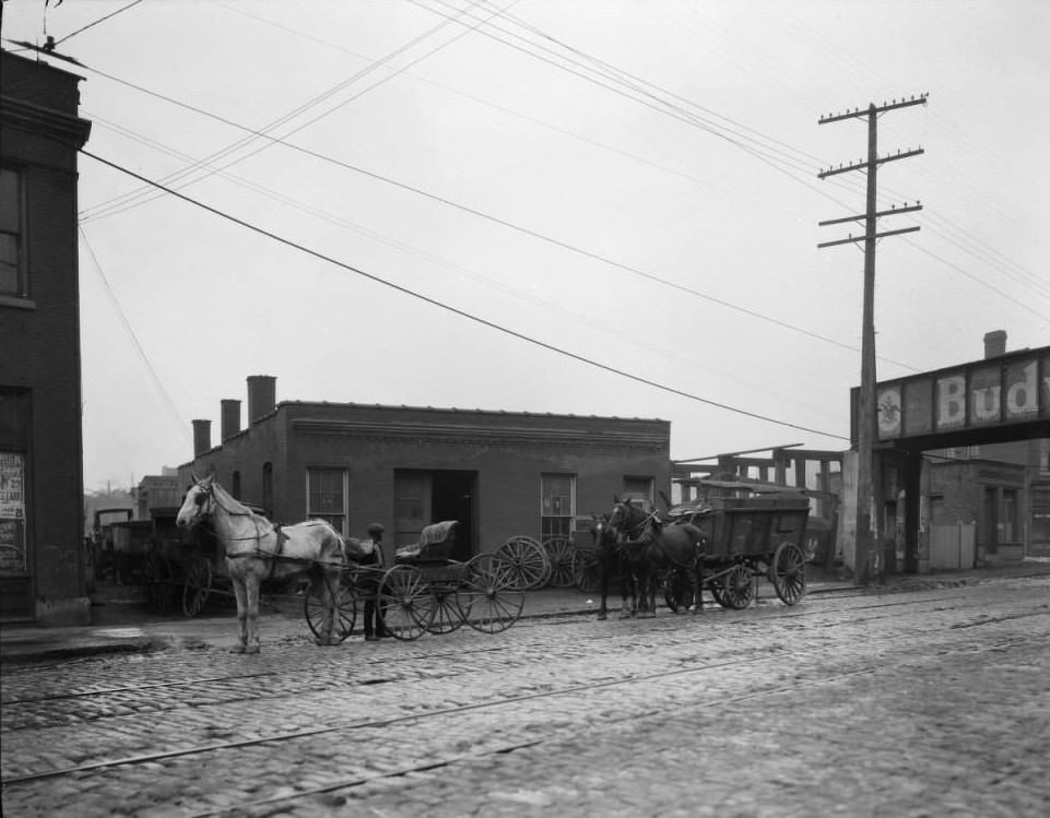 View of a wagon and blacksmith shop at 3825 Market St., 1925