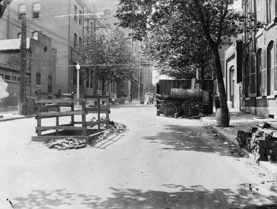 View west down Arsenal St. from the intersection with 7th St., Busch Place, 1927