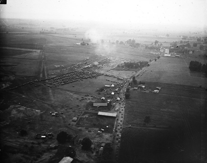Early aerial view of Lambert Field in the 1920s, looking northeast along the axis of what would later be Lindbergh Blvd, 1920