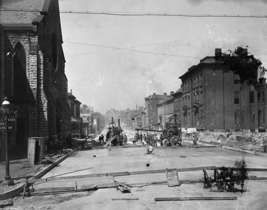 View of major street work on Washington Blvd. looking west from Compton Ave. in Midtown, 1927