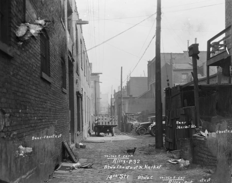 Alley between Chestnut and Market seen from 14th Street, looking east. Now the Court of Honor grounds at Soldiers Memorial Military Museum, 1927