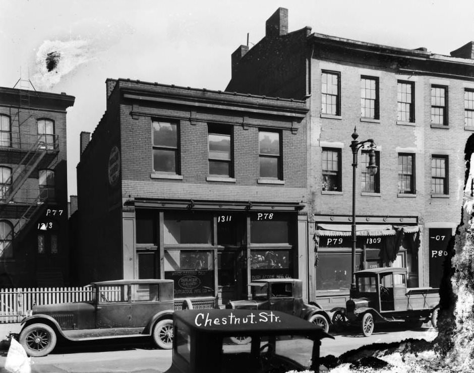 Vehicles and brick storefronts on the north side of the 1300 block of Chestnut Street in downtown St. Louis in 1927. Durlacque Mfg. Co. was at 1311 at the time, 1927