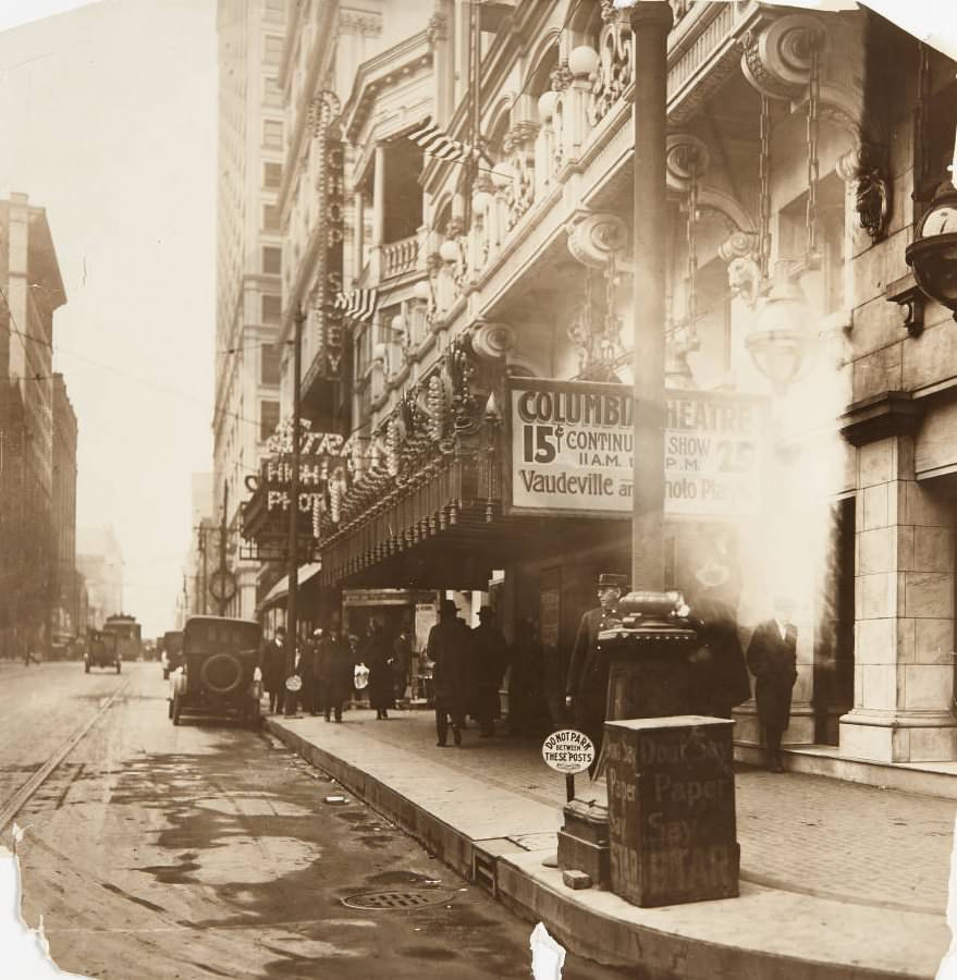 Columbia Theatre, located at 421 N. 6th Street, featuring a marquee advertising continuous vaudeville and photo play shows, 1920