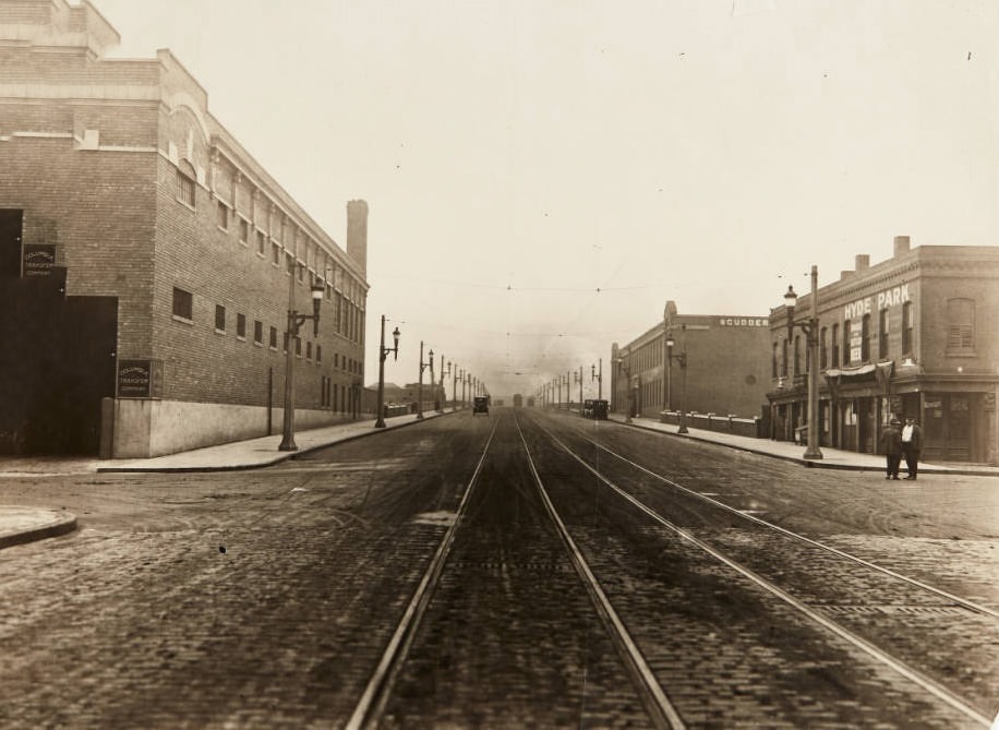 View of 12th Street looking south from Spruce Street, with the Columbia Transfer Company building on the east side, 1920