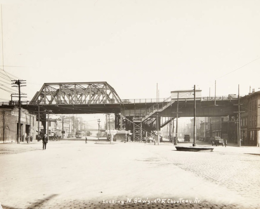 Early section of the Municipal Bridge (now known as the MacArthur Bridge spanning 4th and Broadway near their intersection with Chouteau Avenue, 1920