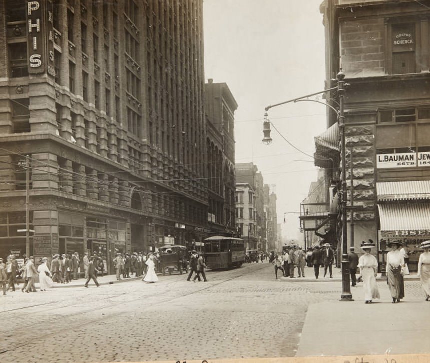 Olive Street at the intersection of 9th Street with the Frisco Lines general offices in the building at 906 Olive and the Ibsen's candy store on the other side of the street at 912 Olive, 1920