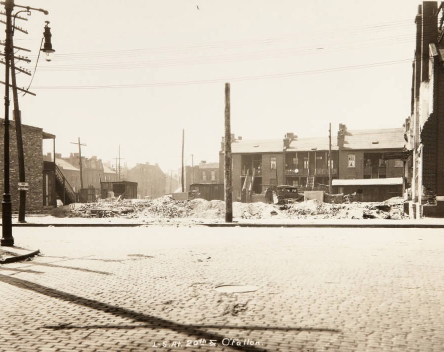 Rear of buildings and an empty lot at the interestion of Twentieth and O'Fallon streets, 1920