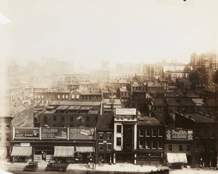 Market Street in 1920, between 13th and 14th streets. El Macco's cigar store, the Apostolic Faith Mission, the Union Restaurant, and the Municipal Buffet are among the businesses visible.