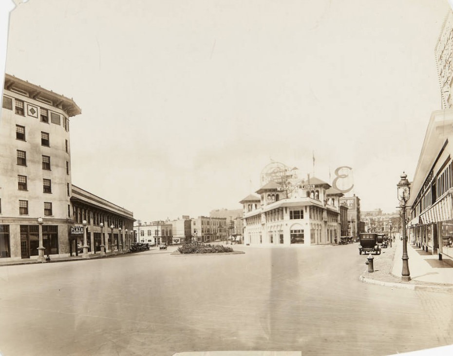 Buildings at the Lindell cut-off in Midtown where Lindell Blvd. ends and merges into Olive Street in 1920.