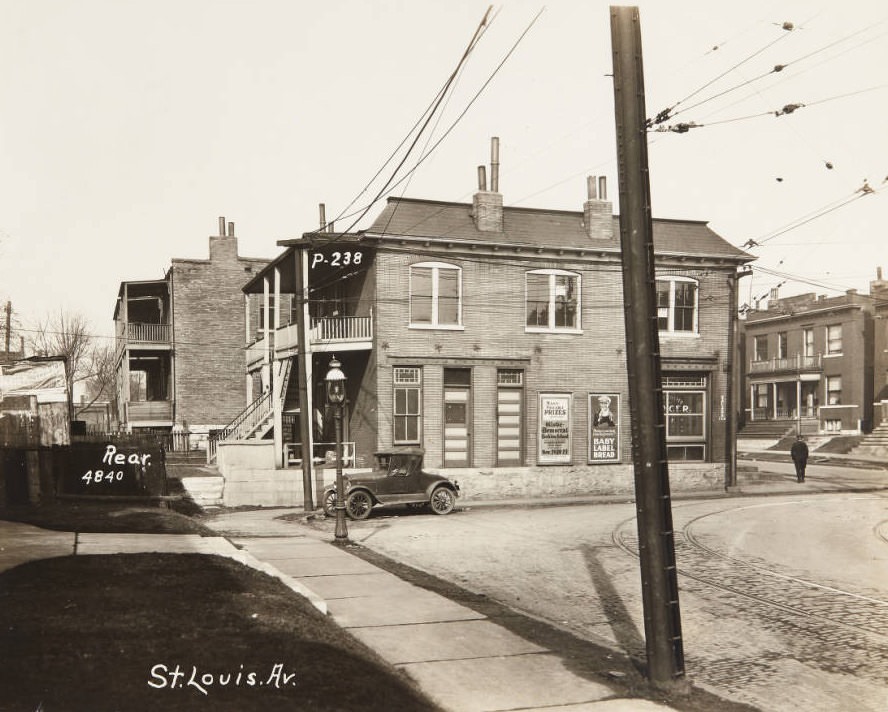 Building at 4840 St. Louis Avenue in 1920. The first floor window displays a sign for Schaeffer Grocer.