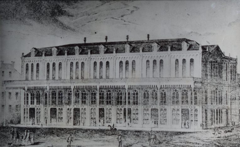 Steel lithograph of Verandah Row on 4th street, 1949.