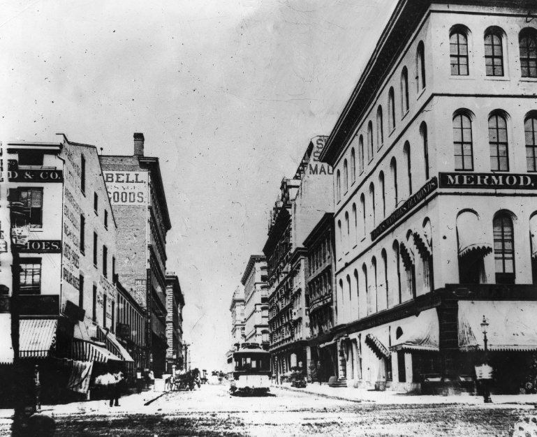 Fourth an Locust, looking west on Locust. The Mermod, Jaccard & Co, 1949