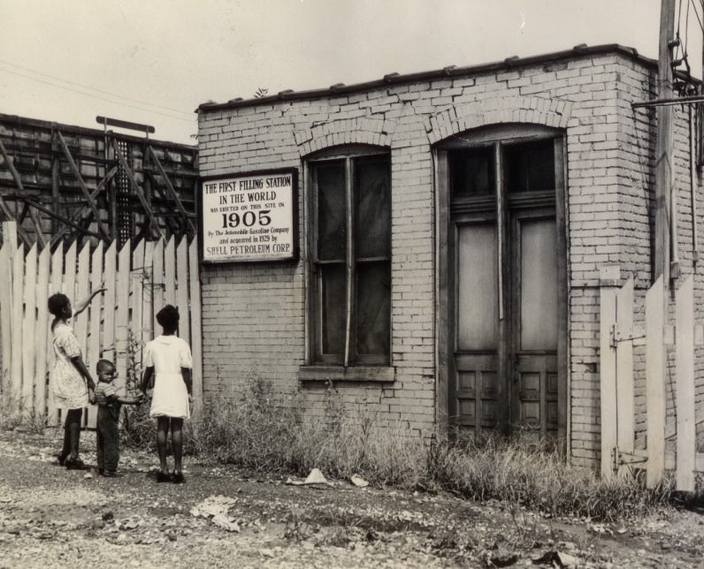 The world's first filling station, now used as a warehouse, 1943.