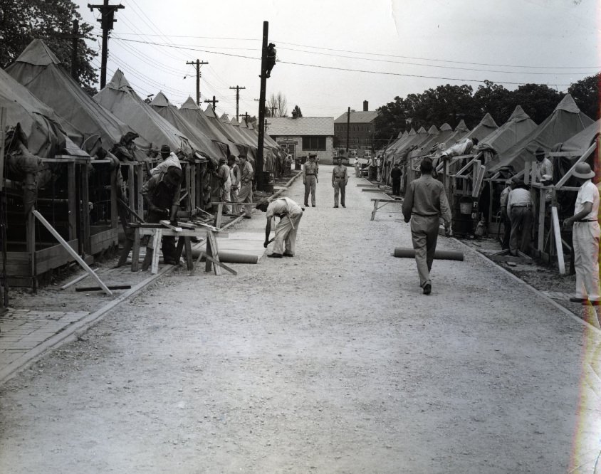 WPA workers building tent frames at Jefferson Barracks, 1941.