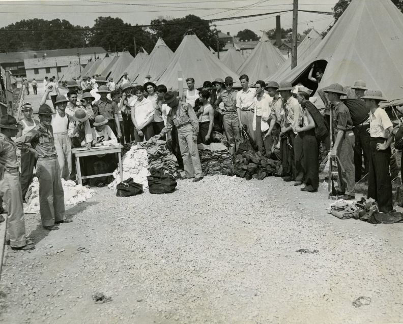 Citizens' Military Training Camp participants turning in their uniforms at Jefferson Barracks, 1940.