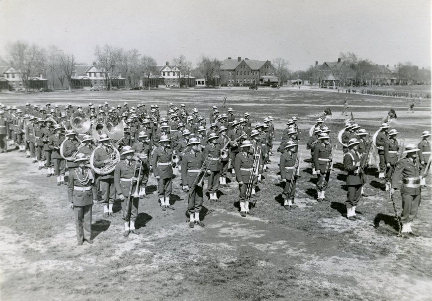 Marching band performing at Jefferson Barracks, April 1942.