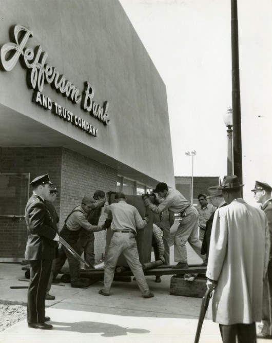 Police Stand Guard At Jefferson Bank and Trust, 1956