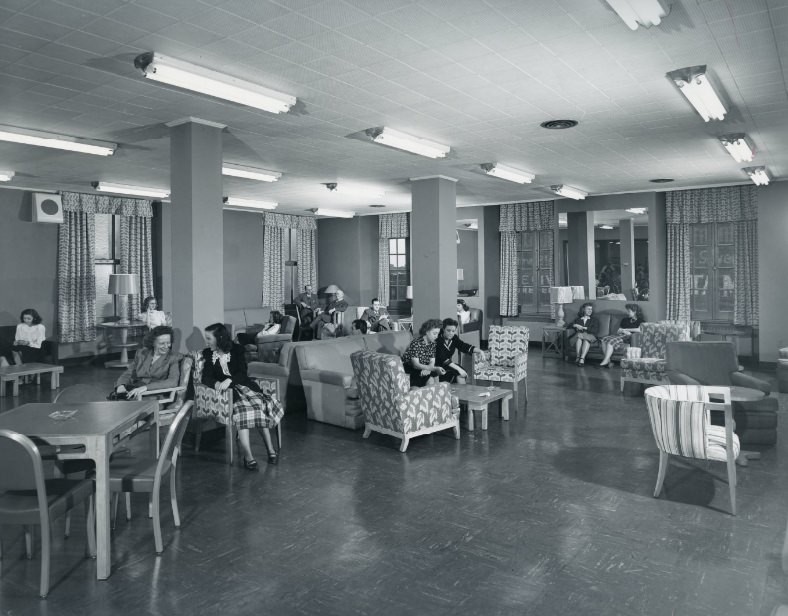 Mercantile Bank employes sitting in the staff longe on the 7th floor, 1950