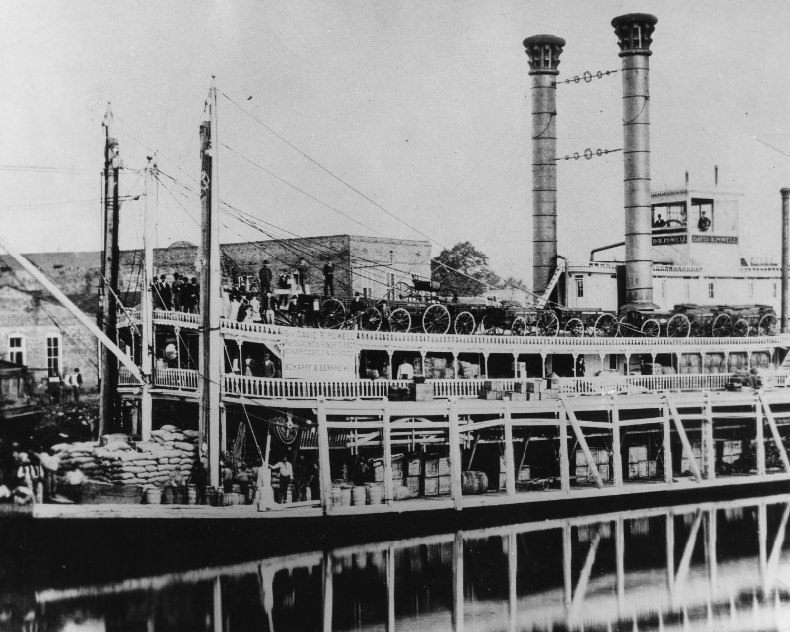 Steamboat David R. Powell carrying varying cargo from St. Louis, 1952