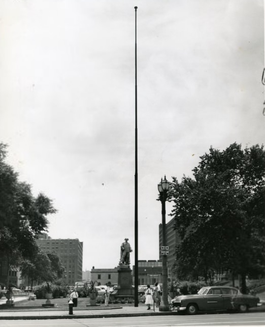 Bare flag pole, located between City Hall and the Municipal Courts Building, 1956