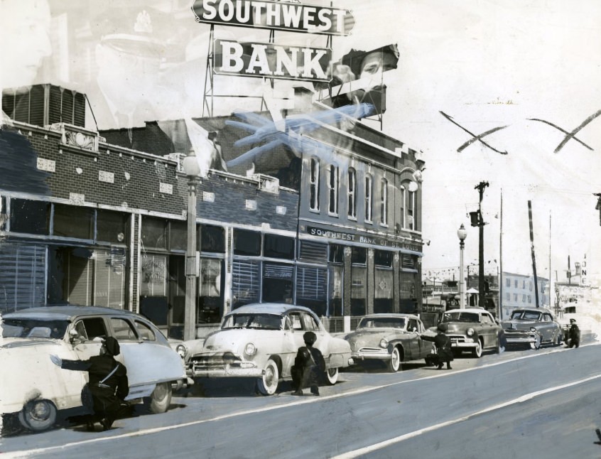 Police Crouched Behind Parked Automobiles, 1953