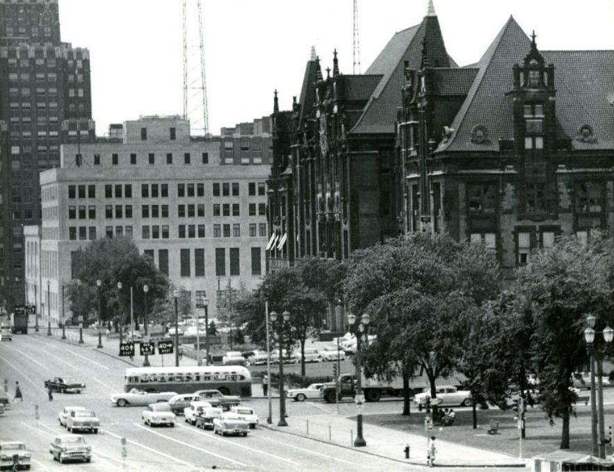 A view of downtown St. Louis with a shot of City Hall, 1958