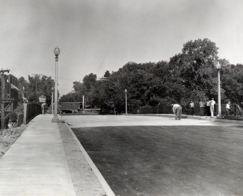 The new Loughborough avenue bridge over the Missouri Pacific Railroad tracks was opened to traffic yesterday, 1957