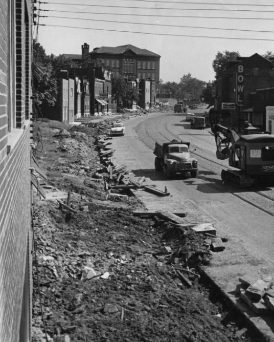 Work progresses on the widening of South Broadway at its intersection with Jefferson and Chippewa, 1950