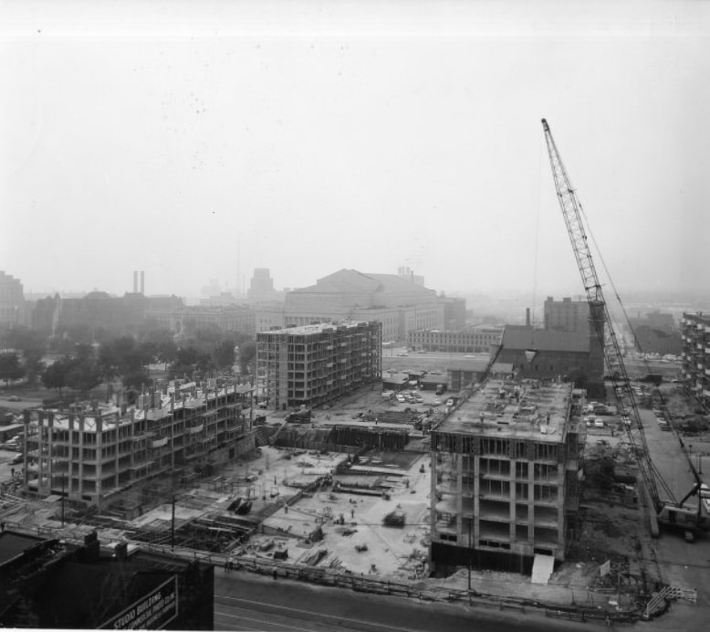 Plaza Apartments - Construction, elevated view, 1950