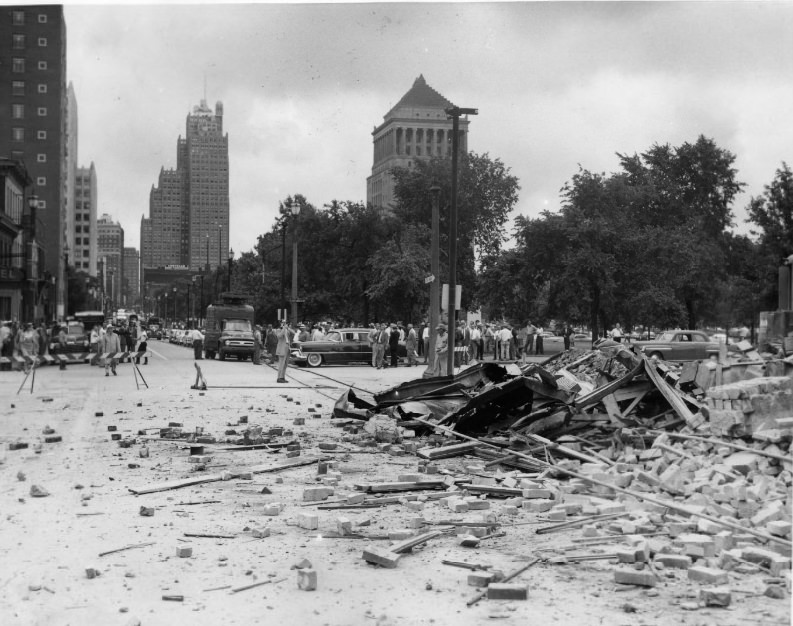 Plaza Apartments - Debris from demolition, 1955